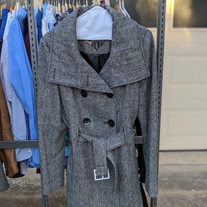 GUESS Double Breasted Belted Wool Blend Tweed Coat